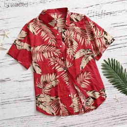 Men's Casual Shirts 2023 New Hawaiian Red Leaf Tropical Shirts Floral Men Dazn Tops Summer Casual Short Sleeve Button Chemise Loose Vacation Beach 240409