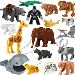 Animals Figures Shark Tiger Dinosaurs Model Building Blocks Wolf Bear Deer Monkey Accessories Bricks DIY Toys Gifts for Children