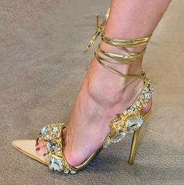 High Heels 2024 Sexy Cross-Strap Rhinester Open-to-Toe-Sommer Einzeilen-Riemen mit hohen Heel-Sandalen Q.