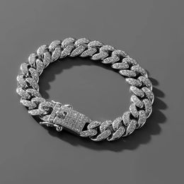 HipHop Men Women 13MM Prong Cuban Link Chain Bracelet Bling Iced Out 2 Row Rhinestone Paved Miami Rhombus Cuban Chain Jewelry 240409