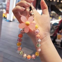 1/2/3PCS Mobile Phone Lanyard Short Hand-beaded Round Bead Pendant Ins Flower Pendant Anti-lost Sling Women's Wrist Strap