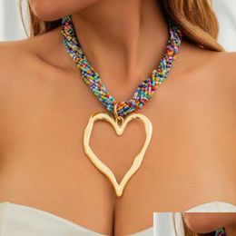 Chains Colorf Mtilayer Beads Hollow Out Heart Shaped Necklace For Women Girls Golden Sier Colour Lava Pendant Gifts Drop Delivery Jewel Otggi