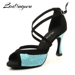 Dance Shoes Ladingwu Latin For Women Black Suede And Blue Glitter Salsa Women's Ballroom Sandals