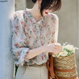 Style Chiffon Long Sleeved Shirt Spring New Fashionable and Elegant Ruffled Round Floral Top