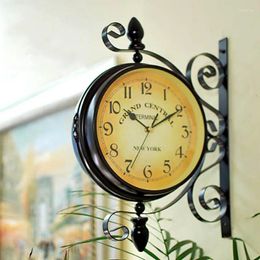 Wall Clocks Double Sided Mount Metal Frame Station Clock Quartz Two Sides Hanging Garden Vintage Retro Home Decor