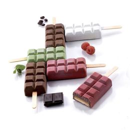 SHENHONG 4 Cells Grid Texture Silicone Popsicle Molds Ice Cream Moulds Wooden Sticks Juice Ice Cube Tray Ice-lolly Baking Tools