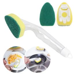 3 in1 Long Handle Cleaning Brush with Removable Brush head Sponge Soap Dispenser Dish Washing Brush With Refill Liquid Handle