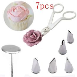 7Pcs/set Flower Scissor+Cake Tray +5pcs Tulips Rose Nozzle Nail Decor Lifter Fondant Cream Transfer Baking Pastry Kitchen