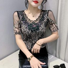 Women's T Shirts 2024 Summer Clothes Patchwork T-Shirt Sexy V-Neck Crochet Lace Drilling Shiny Diamonds Slim Tops Short Sleeve Tees 34207