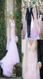 New Romantic Mermaid Light Pale Pink Wedding Dresses Beaded Sequined Lace Tulle Handmade Appliques Cap Sleeve Bridal Gowns Custom 7701845