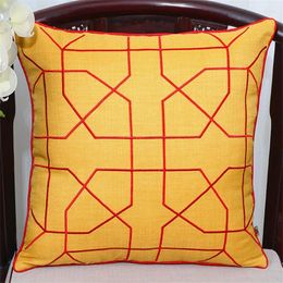 Pillow Linen Embroidery Grid Cover High-grade Chinese Style Pillowcase Pure Colour Red Yellow Waist Home Sofa Decor
