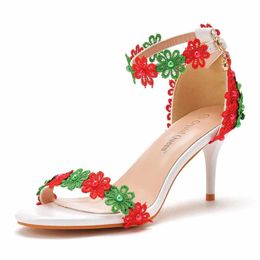 Dress Shoes Crystal Queen Women Lace Pearl Flower Sandals Sexy 7CM High Heels Pumps Ladies Wedding Bride Rhinestone Stiletts H240409 II4M