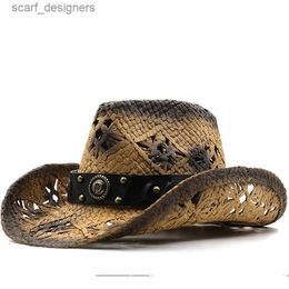 Wide Brim Hats Bucket Hats New Natural Straw Cowboy Hat Women Men Handmade Weave Cowboy Hats Summer Beach Sun Hat Straw Cap Western Cutout Straw Hat Y240409
