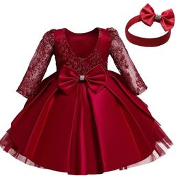 Christmas Dress for Baby Girls Long Sleeve Lace Red Tutu Gown Wedding Birthday Party Princess Dresses Kids Vestidos 15 esYrs 240407