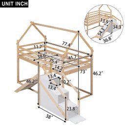 Twin over Twin House Loft or Bunk Bed,Functional Children's bed with Slide and Staircase,suitable for Kids bedroom,Natural