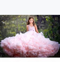 Gorgeous Fluffy Girls Pageant Dresses Lace Applique VNeck Backless Ball Gown Flower Girls Dress Cloud Cascading Tiered Birthday D2374166