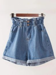 Elastic High Waisted Denim Shorts for Black Women in S5XL Sizes with Ruffled Harem Style White and Blue Female Short Jeans 240409