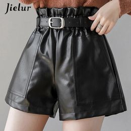 Jielur PU Autumn Winter Women Shorts Slim High Waist Solid Colour Womens Chic Korean Belt Leather Short Trousers SXL 240409