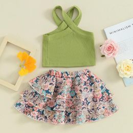 Clothing Sets Toddler Baby Girl Summer 2Pcs Clothes Set Solid Colour Cross Sleeveless Tank Tops And Floral Print Ruffles Skirts