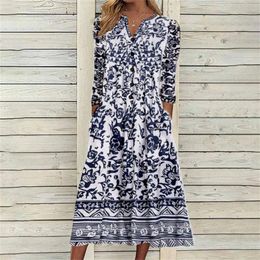 Casual Dresses Summer Vintage Floral Print Dress For Women Three Quarter Sleeve V Neck Pockets Large Hem Party A Line Swing