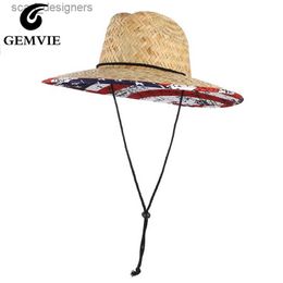 Wide Brim Hats Bucket Hats GEMVIE wide Brim flag lifeguard straw hat for mens summer sun hat with chin strap Y240409