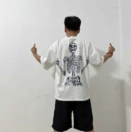 Men's T-Shirts Mens Dark Skull Print Loose Oversized T-Shirt Couple Clothing Pure Cotton Vintage American Fashion Gothic Grunge Clothes Y2k J240409