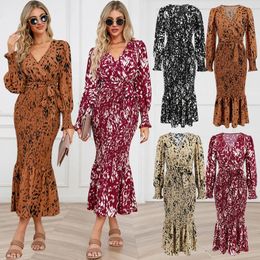 Casual Dresses Ladies V Neck Long Sleeve Belt Print Dress Fashion Loose Womens Pants Wool