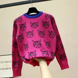 Sweatshirts Fashion Women Sweater Warm Cartoon Cat Jacquard Jumper Long Sleeve Knitwear Autumn Winter Female Casual Pullover Knitted Tops