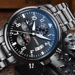 SINOBI Watches Men Waterproof Stainless Steel Luxury Pilot Wrist Watches Chronograph Date Sport Diver Quartz Watch Montre Homme186J