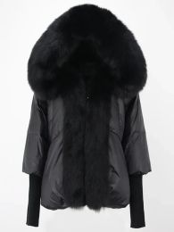New Real Fox Fur Collar Hooded Natural Thick Winter Jacket Women Warm Loose Oversize Duck Down Coat Streetwear Outerwear