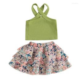 Clothing Sets 6-36months Toddler Girl Summer Outfit Solid Color Cross Tank Tops And Floral Print Ruffles Skirts Infant Girls 2pcs Clothes