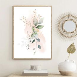 Minimalist Plant Pink Watercolour Poster Gold Green Leaf Art Print Gradient Smudge Nordic Canvas Painting Wall Picture Home Decor