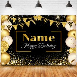 Custom Name Photo Birthday Backgrounds Banner Black Gold Sign Poster for Birthday Anniversary Party Photo Booth Backdrop Banner