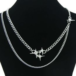 Personalised Double Layer Cuban Set Chain Necklace Pendant Ins Fashion Light Diamond Star Titanium Steel Neckchain