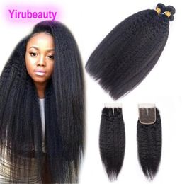 Brazilian Virgin Hair Yaki Straight Bundles With 4x4 Lace Closure coarse Yaki Straight 4Pieceslot Hair Extensions Wefts With Clos5936523