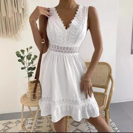 Casual Dresses Elegant Lace Stitching Short Dress Women Summer Boho Sleeveless Ruffle Beach Sundress Fashion V Neck White 2024