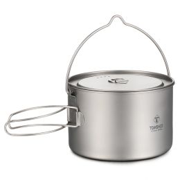 TOMSHOO Titanium Pot 750ml/900ml/1100ml/1600ml/2000ml/2800ml Ultralight Hanging Pot with Lid and Foldable Handle Outdoor Camping