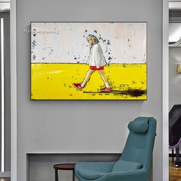 Little Girl Walking On The Beach Oil Painting Handmade Girl Figure Painting On Yellow Canvas Modern Wall Art For Home Decor As Best Gift