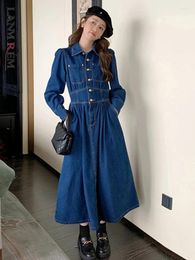 Casual Dresses LANMREM Korean Version Denim Dress Lapel Collar Single Breasted Long Sleeved A-line Blue Fashion 2024 25260