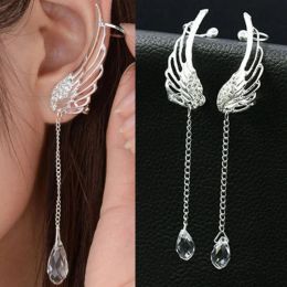 Y2K Women Angel Wings Feather Clip Earrings Ear Stud Trendy Crystal Tassel Jewelry No Ear Hole Ear Cuff Tassel Hanging Earring