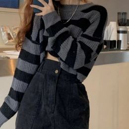 Sweatshirts Deeptown Korean Style Striped Cropped Knitted Sweater Women Vintage Printed Oneck Long Sleeve Jumper Y2k Tops Autumn Winter