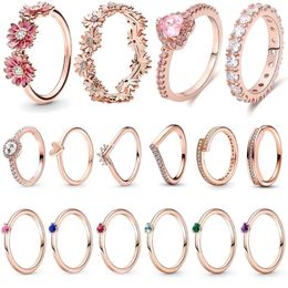 Cluster Rings 925 Sterling Silver Rose Gold Series Stackable Luxury Sparkling Zircon Heart-shaped Flower Simple Finger Ring For Female