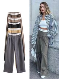 Women's Pants ZBZA Side Pocket Splicing Straight Autumn And Winter Vintage Y2K Fashion Loose Low Waist Chic