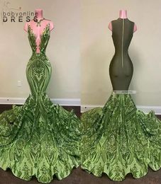 Sparkly Sequin Olive Green Mermaid African Prom Dresses Black Girls Long Graduation Dress Plus Size Formal Evening Gowns4647836