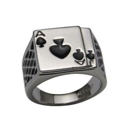 2014 Cool Men039s Jewellery Chunky 18K White Gold Plated Black Enamel Spades Poker Ring Men2945915