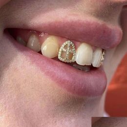 Grillz Dental Grills Rachelz Hip Hop Hollow Zircon Cross Teeth Grillz 14K Gold Plated Cz Stone Tooth Caps Decor For Women Men Jewel Dhwbn