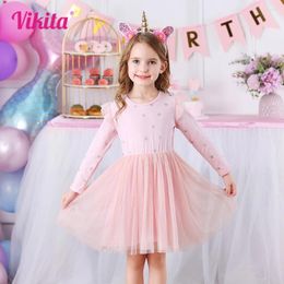 Girl Dresses VIKITA Girls Star Print Dress Kids Pink Princess Long Sleeve Spring Autumn Casual Mesh Tulle Lace Party