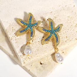 Dangle Earrings Bohemia Star Fish Drop Pearl Blue Rhinestones For Women Starfish Jewelry Summer Holiday Beach Gifts