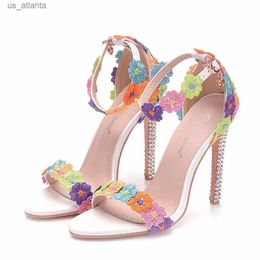 Dress Shoes Crystal Queen Women Wedding Platform Thin High Heels Female Multicolour Lace Flower Party Sandals H240409