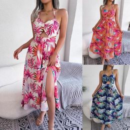 Casual Dresses Tropical Floral Print Bohemian Long Dress For Women Sexy Halter Backless Party Beach Maxi Spaghetti Straps Sundress